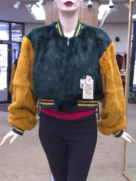 A.J. Ugent Furs Jackets & Blazers - Green and Gold Rabbit Fur 24″ Short Bomber Jacket